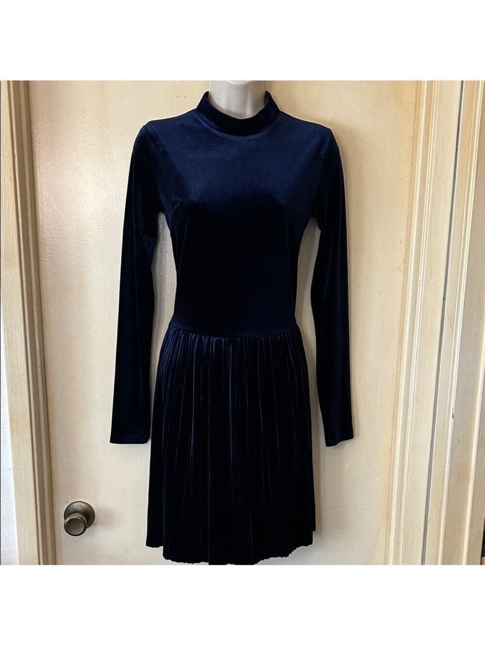 Primark Dark Blue Velvet Long Sleeve Dress with Pleated Skirt size 4